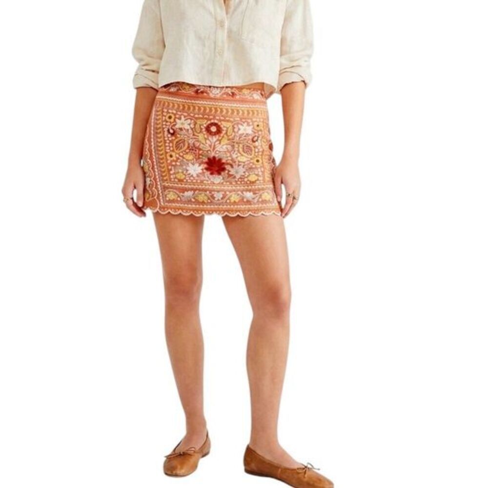 Blue Rain Womens Floral Embroidered Mini Skirt Boho Festival Bohemian Sz Medium